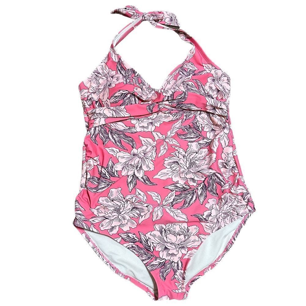 Isabel Maternity Pink Floral Halter Top Cinched Bust Full Piece Bathing Suit